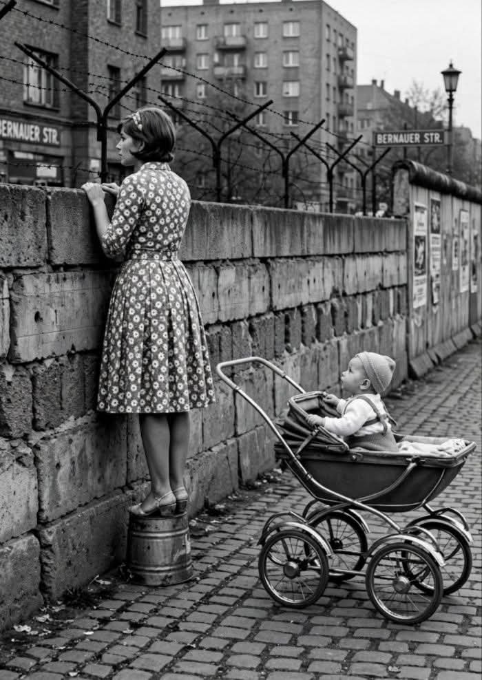 JanHoving4's tweet photo. Mum standing on a bucket to have a look over the wall. Berlin, 1961. https://t.co/9jkofnwBDP