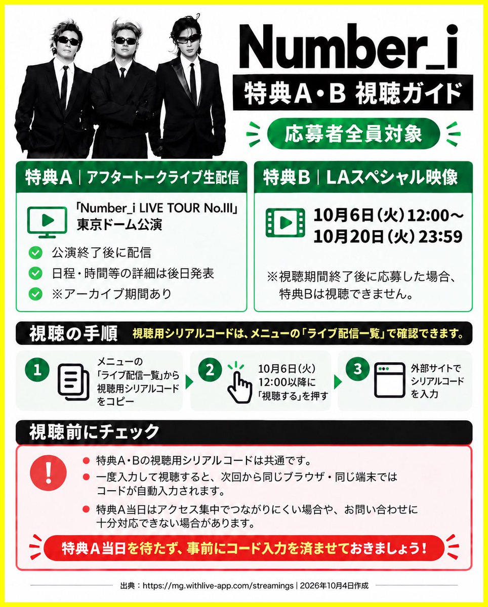 ni_ilys0129's tweet photo. #Number_i  3形態💿購入者限定
応募者全員対象 特典B【LA🇺🇸SP映像】

【視聴期間】
10月6日（火）12:00〜10月20日（火）23:59まで

▶︎ https://t.co/KyX7Y3gAbU https://t.co/myEFzisx6z