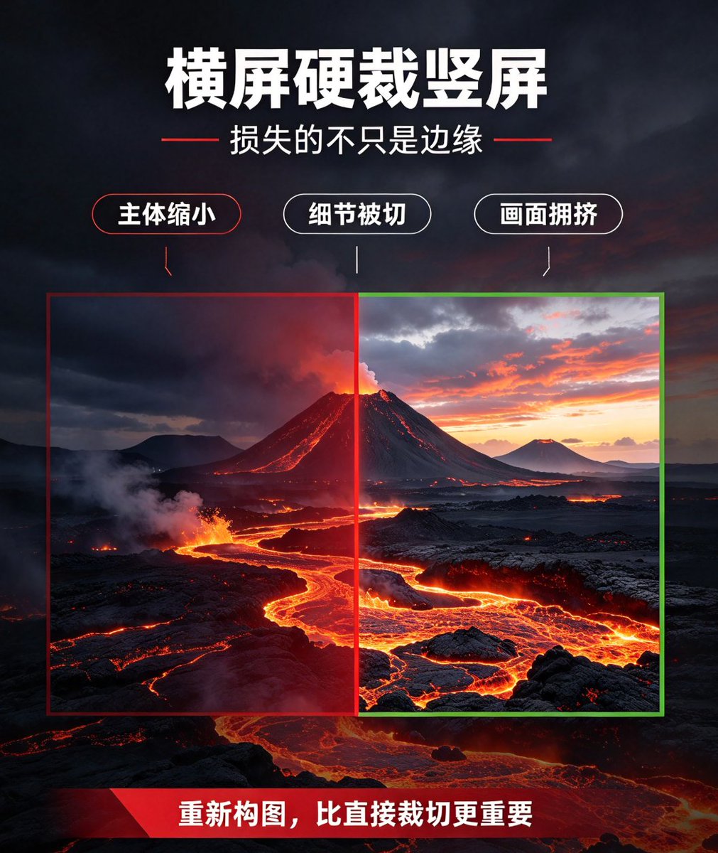 aoteman1can's tweet photo. 横屏素材硬裁竖屏，画质和构图一起废？

这套冰岛火山素材直接配好 1080×1920 竖屏版，抖音、视频号拿来就用。熔岩喷发铺满画面，冲击感直接拉满。

🔗https://t.co/uxH40IdaHx https://t.co/BJmuy7J2NH