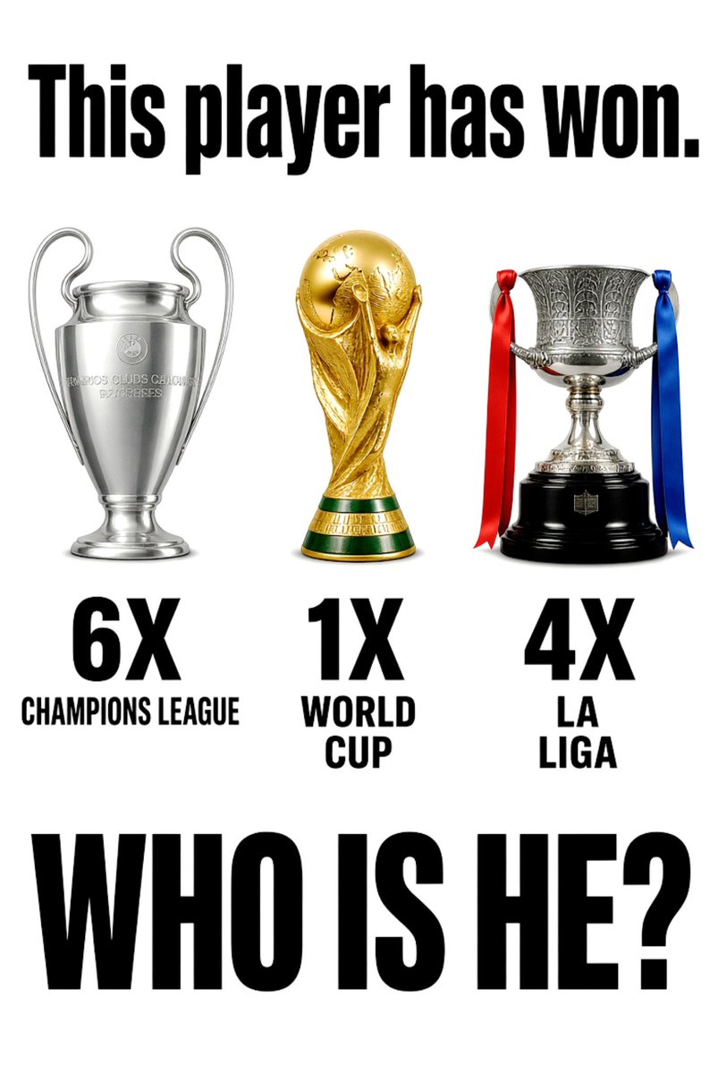 _UTDIMole's tweet photo. Guess the player who has won 6 UCL, 1 World Cup and 4 Laliga titles

Very Hard. https://t.co/LWl9fSIWc6