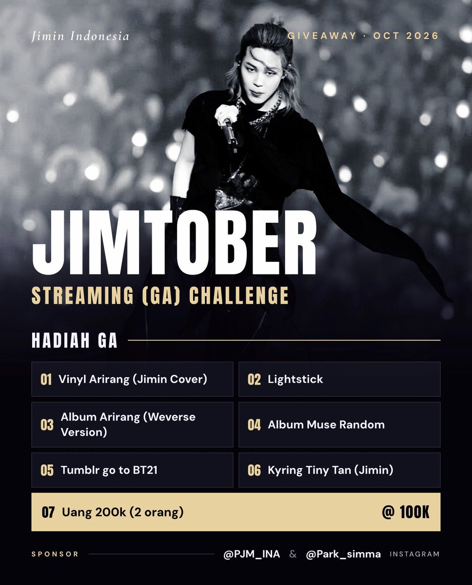 PJM_INA's tweet photo. 🎧 JIMTOBER STREAMING CHALLENGE GIVEAWAY START!

Yuk ikut Jimtober Streaming Challenge dan berkesempatan mendapatkan hadiah! ✨

RULES:

1. Gunakan playlist yang sudah disediakan oleh admin (check thread)
2. Setelah selesai streaming 1 playlist penuh, kirim screenshot dari bagian Recent/terbaru ke kolom komentar postingan ini.
3. Kalian bisa mengecek statistik streaming melalui https://t.co/8SgDl6LeFe atau https://t.co/9NMFUBoap3

📅 Streaming Challenge akan berlangsung setiap 4 hari sekali. Untuk tanggal dan jadwal lengkapnya, silakan cek poster.

STREAM FOR JIMIN
#OurSingerJimin 
#JiminNuestroCantante
#우리가수_지민