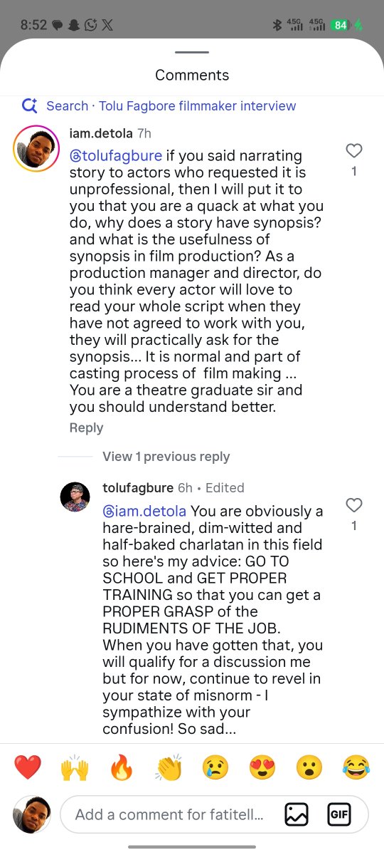 Adetola_David1's tweet photo. I have come to conclusion that this guy is not what he claims he is, how will you say that actor requesting for synopsis of a story you want to shoot as a production manager is unprofessional, look at my comment and look at the reply he gave and he is a theatre art graduate in UI https://t.co/aqT3aeN3em