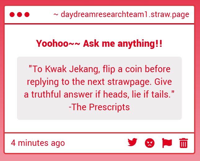 daydreamrt1's tweet photo. A prescript? What's that? Haha, sure! This one seems easy enough to fulfill. Though, who exactly decided they could give ME orders? Is this one of the Directors? ^^ https://t.co/KbZ57sykII