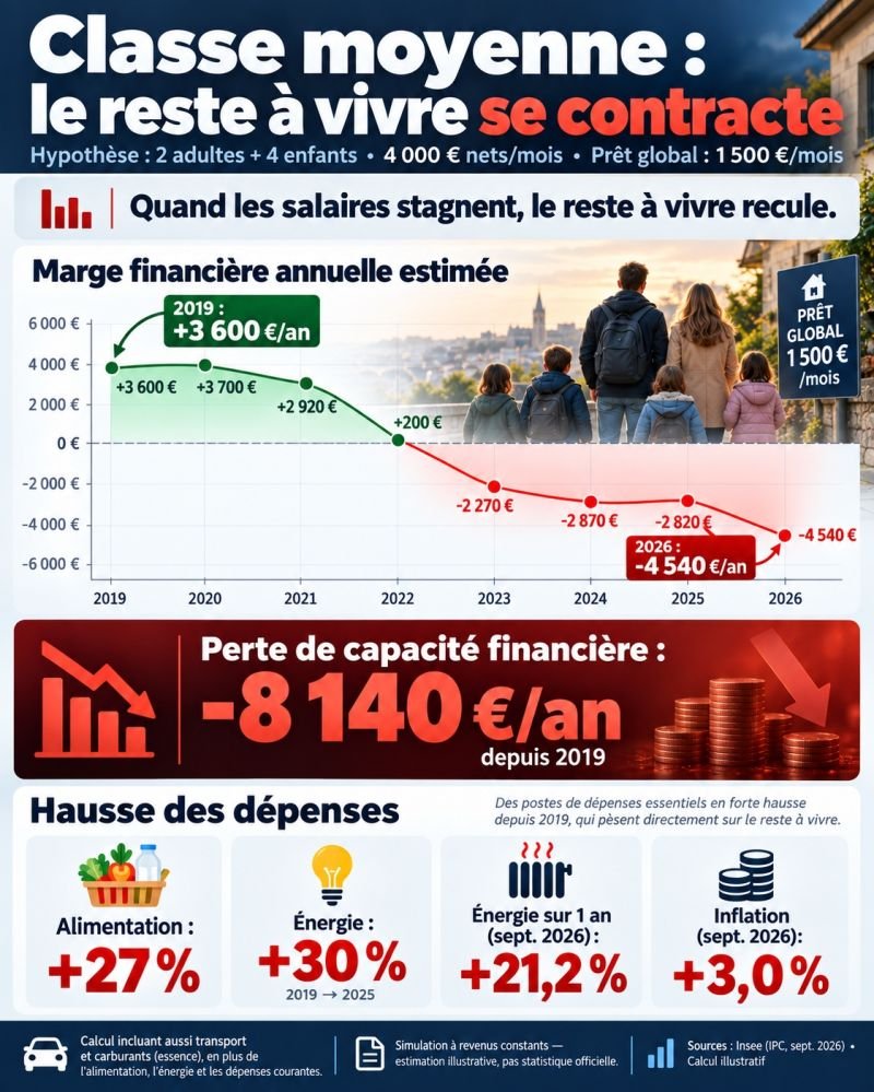 JJquiraque's tweet photo. La classe moyenne est-elle en train de devenir la nouvelle classe des “pauvres” ?

Pas pauvre au sens statistique du terme.

Mais pauvre en marge de manœuvre.

Prenons un foyer avec 4 enfants, 4 000 € nets par mois et 1 500 € de prêts.

Entre 2019 et 2026, à revenus constants, l’alimentation, l’énergie, le carburant et les dépenses courantes ont fortement augmenté.

Résultat dans cette simulation :

➡️ 2019 : environ +3 600 € de marge annuelle
➡️ 2026 : environ –4 540 €

Soit une perte de capacité financière de plus de 8 000 € par an.

Et c’est probablement là que se trouve une partie du malaise actuel.

Vous pouvez avoir un travail.
Un logement.
Deux revenus.
Ne pas être considéré comme pauvre.

Et pourtant avoir de plus en plus de mal à :
épargner, partir en vacances, remplacer une voiture, absorber une panne, financer les études des enfants ou simplement faire face à un imprévu.

C’est cela, le déclassement : continuer à travailler autant, parfois davantage, tout en pouvant faire moins.

Si les salaires progressent durablement moins vite que les dépenses contraintes, ce n’est pas seulement un problème de pouvoir d’achat.

C’est un problème de confiance dans le modèle social.

La question n’est donc peut-être plus seulement : « Combien gagnez-vous ? »

Mais : « Que vous reste-t-il réellement une fois que tout est payé ? »

Simulation illustrative à revenus constants, basée sur l’évolution de plusieurs postes de dépenses. Elle ne représente pas toutes les situations familiales.