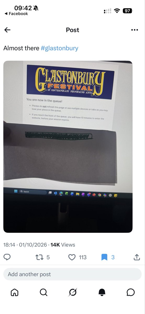 Mce893's tweet photo. Wow straight in !!!! #Glastonbury https://t.co/9l3T6JhDqF