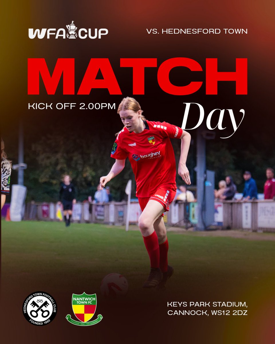 NantwichWomenFC's tweet photo. The Third Round Qualifying of the FA Cup awaits!🏆

This afternoon, we travel to Keys Park Stadium, the home of Hednesford Town as we look to earn our place in the next round!💪 

⬇️ Match details https://t.co/jz2fScs289