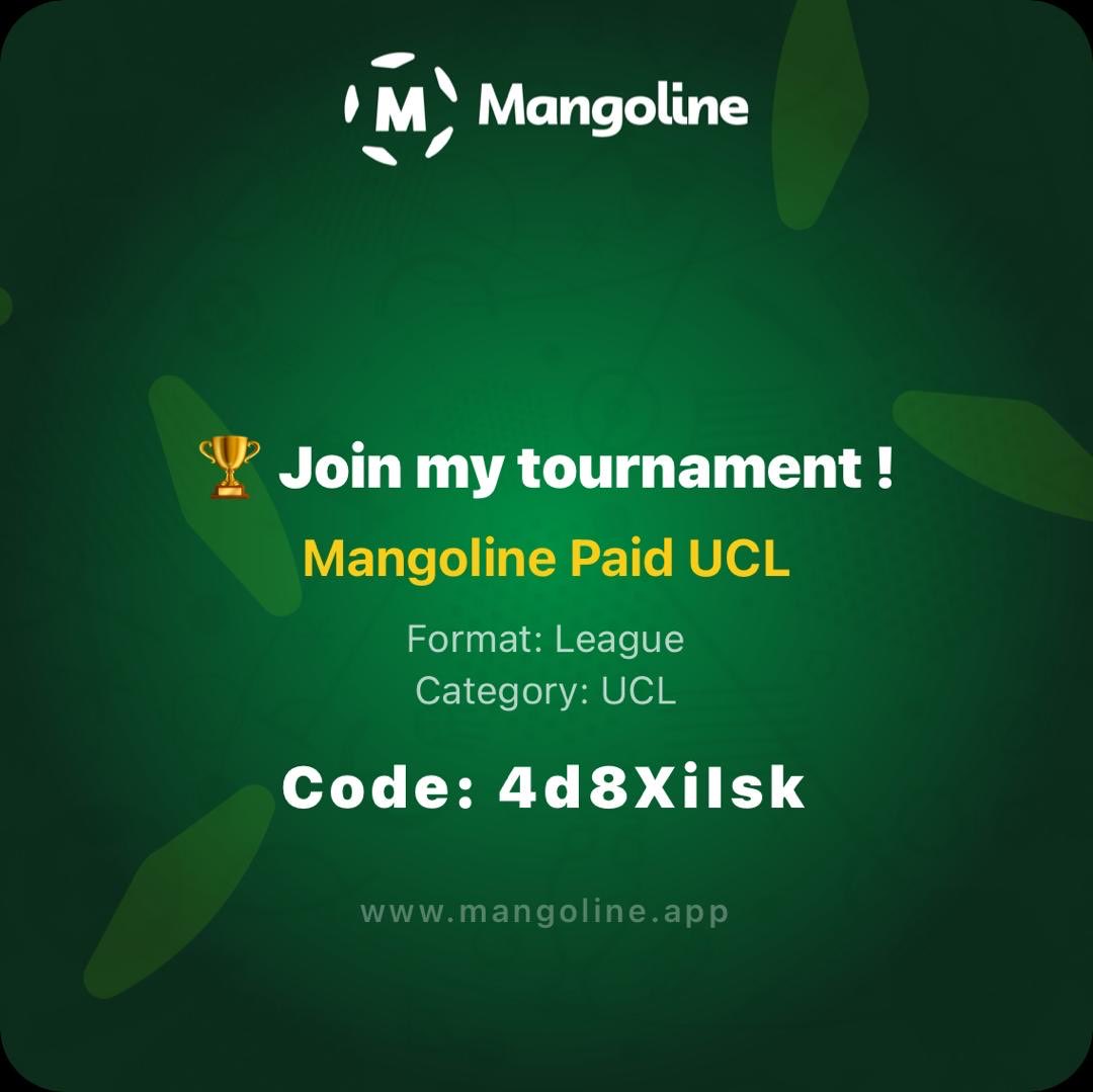 Mangoline_FF's tweet photo. ❇️Join Mangoline PAID/FREE UCL fantasy tournaments:👇🏼

🏷️Mangoline Paid UCL 
🔑: 4d8XiIsk

🏷️Mangoline UCL (Free)
🔑: rmjssIta

REFER, PLAY AND EARN. https://t.co/9Kt4tySb2N