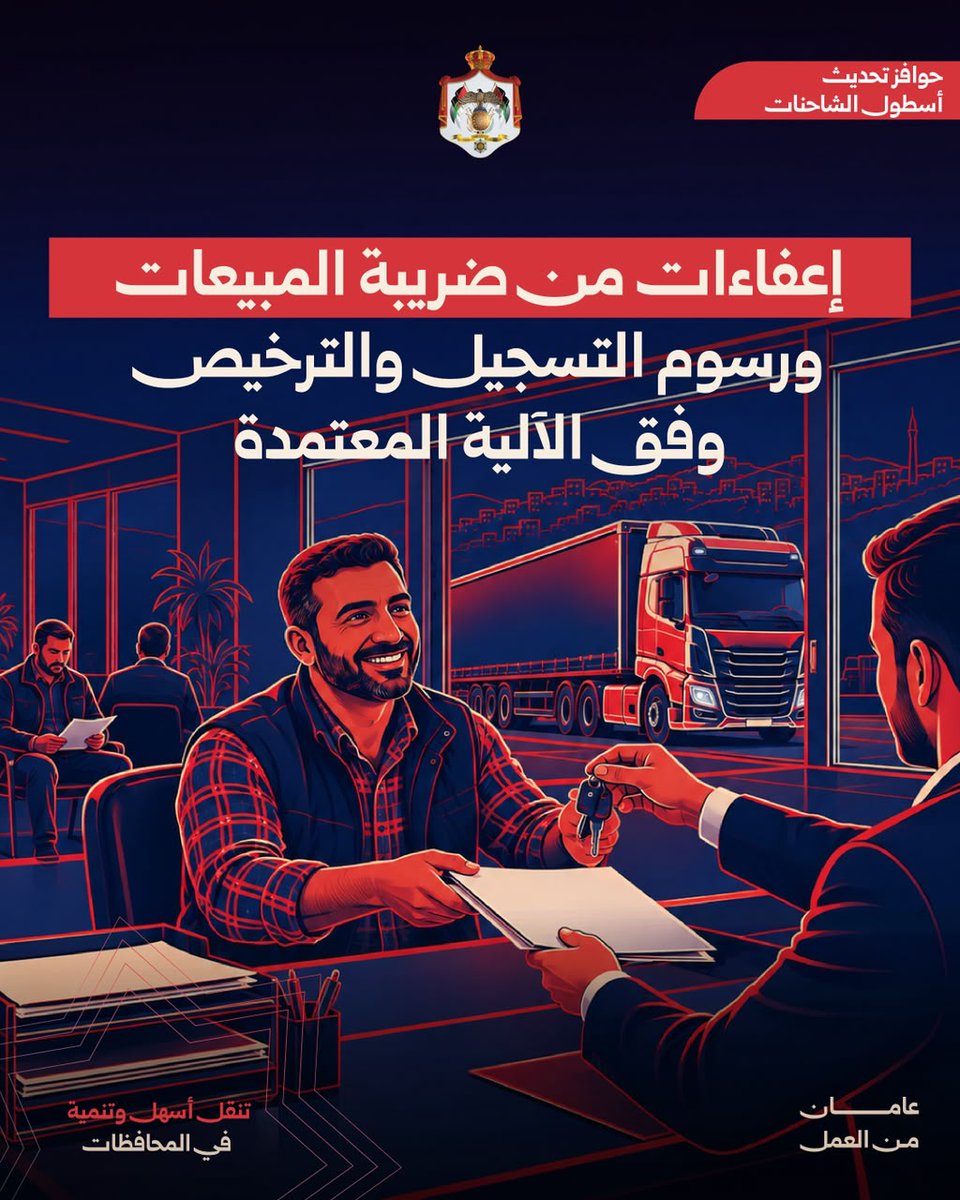 MoGC_JO's tweet photo. في 6 أيار 2026، أقر مجلس الوزراء حزمة حوافز لمدة عامين لتحديث أسطول الشاحنات، تستهدف 8,313 رأس قاطرة يبلغ عمرها 20 عاماً فأكثر، وتربط الاستفادة بشطب المركبات المستبدلة أو تصديرها.

وتشمل الحوافز إعفاءات من ضريبة المبيعات ورسوم التسجيل والترخيص وفق الآلية المعتمدة، على أن لا يتجاوز عمر المركبة البديلة 5 سنوات. وفي 27 تموز 2026 تم توسيع البرنامج ليشمل شاحنات نقل الحاويات ذات المحور الواحد.

ويدعم إحلال المركبات الأحدث خفض كلف التشغيل وتحسين موثوقية نقل البضائع، بما يساند كفاءة سلاسل الإمداد. 

#عامان_من_العمل #الأردن