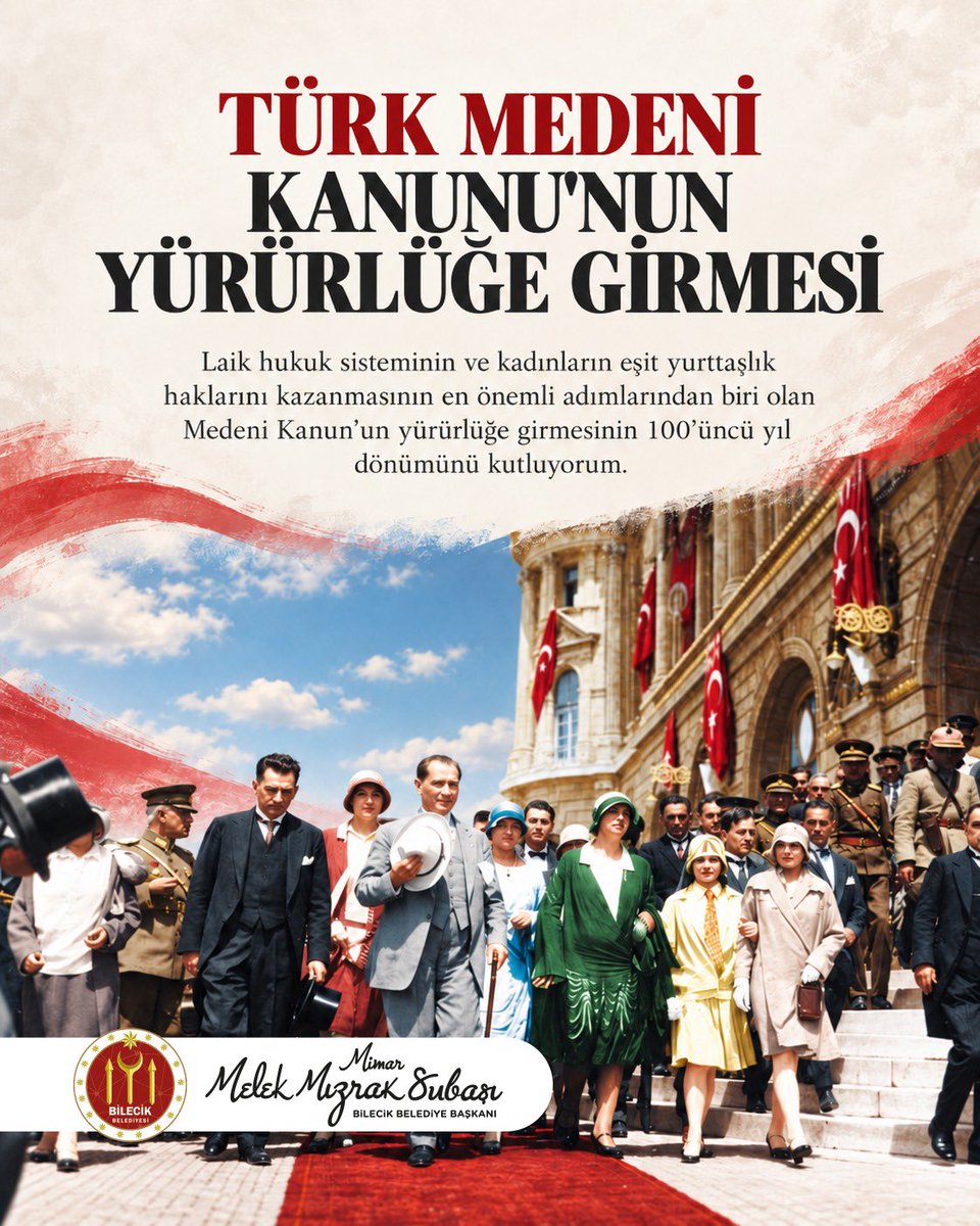 melekmsubasi's tweet photo. Laik hukuk sisteminin ve kadınların eşit yurttaşlık haklarını kazanmasının en önemli adımlarından biri olan Medeni Kanun’un yürürlüğe girmesinin 100’üncü yıl dönümünü kutluyorum. https://t.co/YYgQ11rlVu