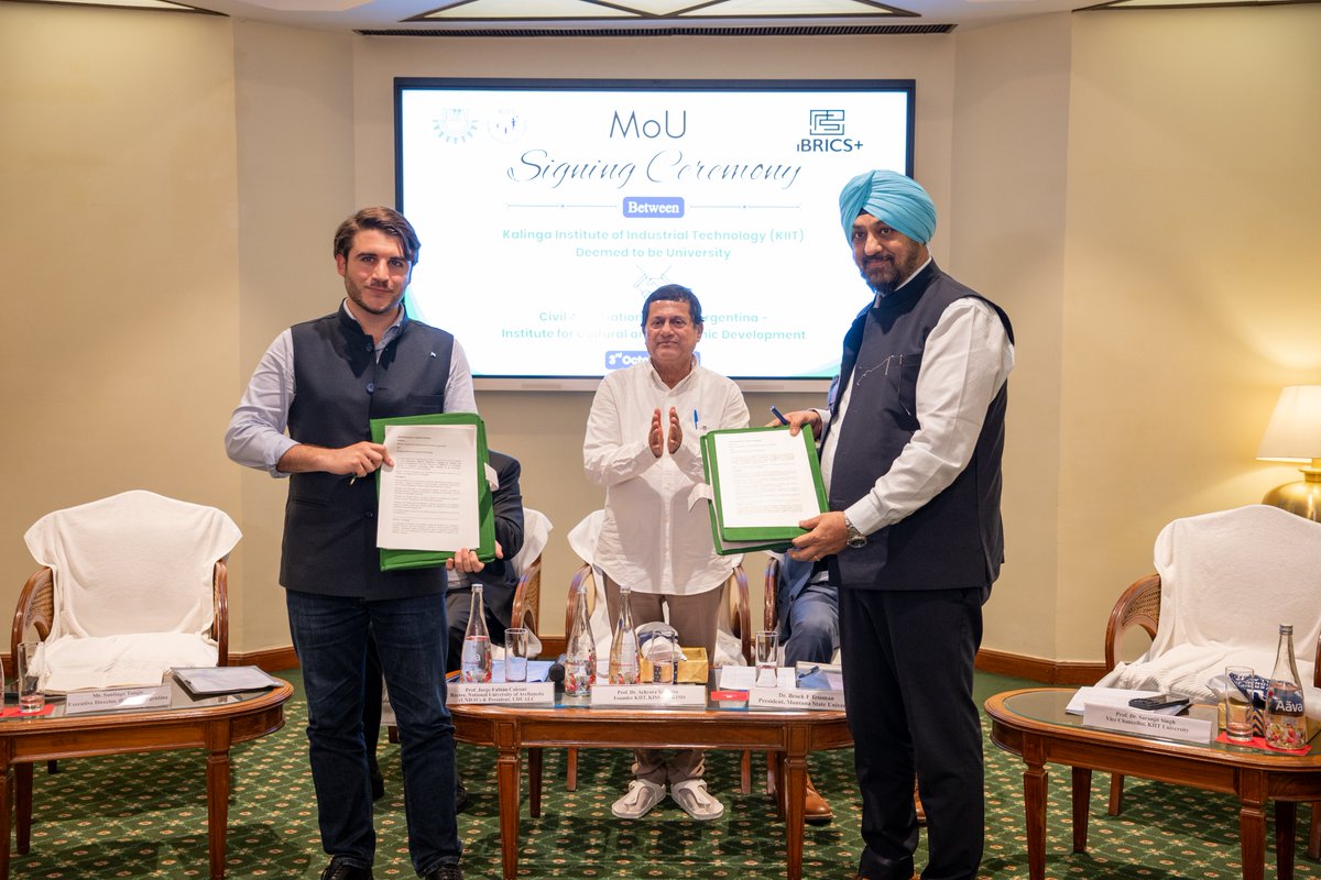 achyuta_samanta's tweet photo. Happy to share that KIIT has signed 4 MoUs during our 22nd Annual Convocation. Our new partners are Montana State University in the USA, the National University of Avellaneda in Argentina, the Union of Universities of Latin America and the Caribbean (UDUALC), and the Institute for Cultural Exchange and Economic Development of BRICS+ Countries (iBRICS+).

My heartfelt thanks to Dr Brock F. Tessman, President of Montana State University; Prof Jorge Fabián Calzoni, Rector of the National University of Avellaneda and President of UDUALC; and Mr Santiago Tangir, Executive Director for Argentina at iBRICS+, for their trust in KIIT. I was also very happy to have Mr Erik Federico Pérez Vega, Rector of APEC University, with us.

I hope these partnerships give our KIITians and teachers more chances to visit one another, learn together and work on research that helps people.