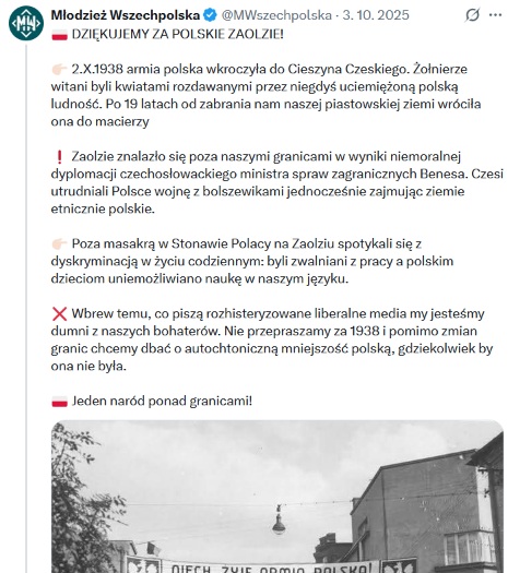 vojber's tweet photo. Mi Hazánk byla na místě také. Všepolská mládež, s níž ANO už cca rok networkuje, mimochodem politiku Edvarda Beneše označuje za nemorální a oslavuje polskou anexi Těšínska z roku 1938. Ale všechno jsou to samozřejmě jen ojedinělé hlasy https://t.co/ifHeEiIjHf