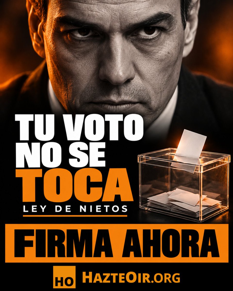 hazteoir's tweet photo. 🚨 URGENTE / PUCHERAZO

¡Pedro Sánchez nos la quiere colar gorda este mes de octubre en el Congreso!

Su finde semana de "reflexión" para ver si convoca elecciones no es más que una cortina de humo para desviar la atención de su plan: ¡Adulterar el censo!

Ha escondido en una ley educativa una enmienda para reactivar el fraude electoral de la Ley de Nietos que el Tribunal Supremo frenó, y ya la han admitido a trámite.

Si sale adelante, el Gobierno meterá millones de votos del extranjero sin control ni garantías y Sánchez se mantendrá en el poder.

El PSOE quiere despistarnos y que esto pase desapercibido porque no tiene cerrada la mayoría que necesita, así que todavía podemos parar este fraude electoral.

¡No dejes que nos robe las elecciones!

¡FIRMA AHORA y PÁSALO!

✍️ Firma aquí: https://t.co/YAoXmN4VEE