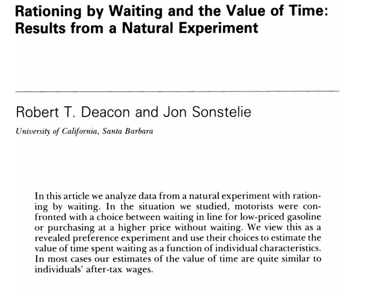 pakizehuseyin's tweet photo. Economists love cost-benefit analysis, especially for roads, bridges and subways. But to do it, you need to know what people's time is worth. Economists don't just ask. They watch what people do. In the 1970s, California put a price ceiling on gas. +++ https://t.co/iwQX72WzfV