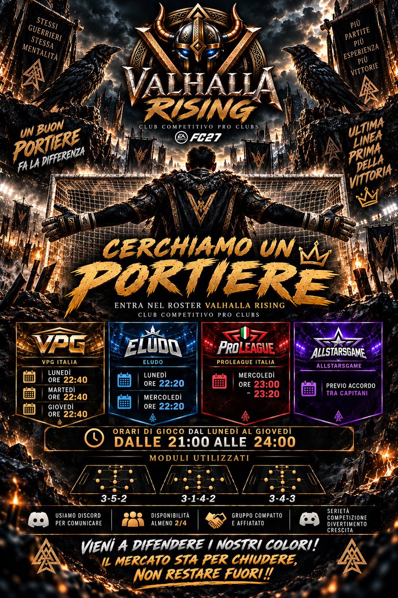 ValhallaRis1ng's tweet photo. Manca poco alla nuova stagione competitiva , Il roster ormai è ultimato , manca da valutare un Gk per chiudere ufficialmente i provini ! 

Affrettati 🔥⚡️

@VPGItaly @pctransfermarkt @RT_Proclub @RTAllProClub @League_Rtf @ProClubsMarketX @HouseOfProClub https://t.co/vRbdUok1o9