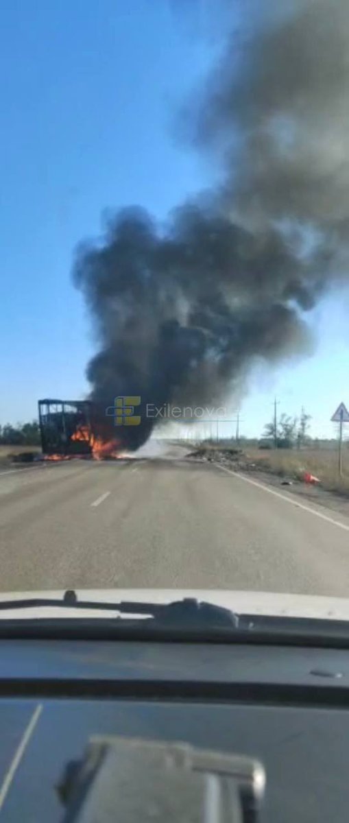 Maks_NAFO_FELLA's tweet photo. 💥 Today, Ukrainian drones hit Russian logistics in the area of ​​occupied Berdyansk. 

On some sections of the road, several units of damaged equipment are visible at once. https://t.co/JgX3TKhgBZ