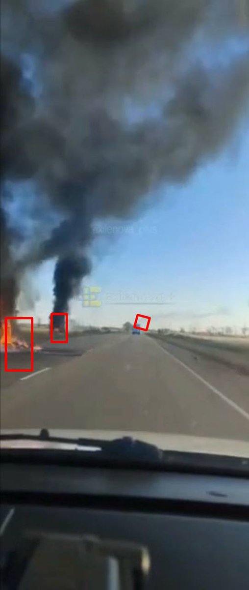 Maks_NAFO_FELLA's tweet photo. 💥 Today, Ukrainian drones hit Russian logistics in the area of ​​occupied Berdyansk. 

On some sections of the road, several units of damaged equipment are visible at once. https://t.co/JgX3TKhgBZ