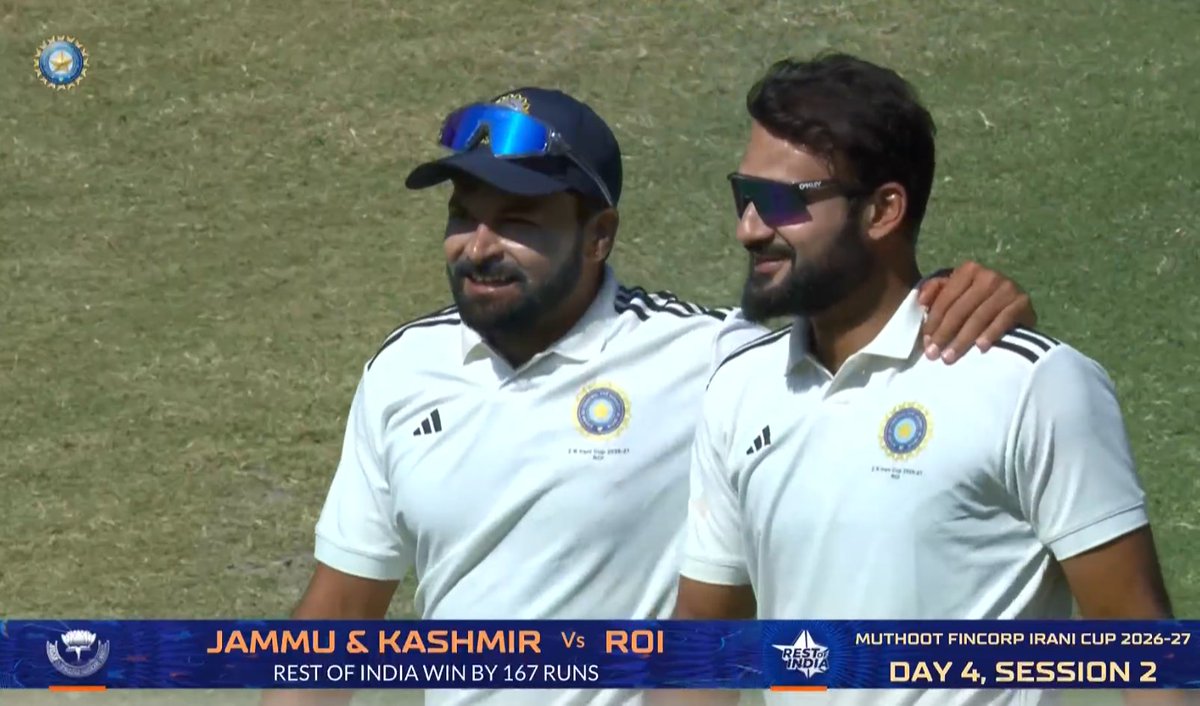 Rokte_Amarr_KKR's tweet photo. 6 wickets for Akashdeep vs JK 🔥

3/43 in 1st &amp; 3/25 in 2nd innings ❤️

Rest of India are the WINNERS of IRANI CUP 2026 https://t.co/uAR8FDgBS4