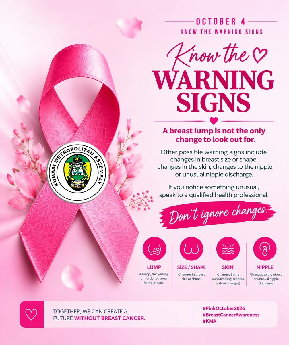 KumasiMetroCity's tweet photo. Know the warning signs, don't ignore changes
#PinkOctober2026
#BreastCancerAwareness
#KMA
#WhereGhanaHappens https://t.co/okopNiODES
