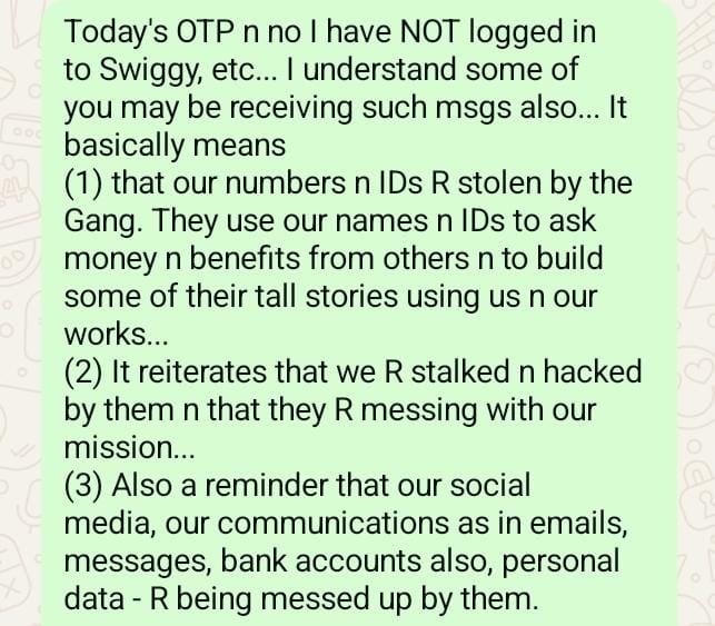 PariWriting's tweet photo. Yes I #posted these msgs on my #whatsapp #status yestday.. There were no more #OTP msgs.. BUT then who knows what their next ops became na? Remember, they have your #mobile/#email/#contact/#whereabouts/#personal info n I don't.. They have #AI, #lies, #deception +other tactics too https://t.co/pkJHKJDAPp