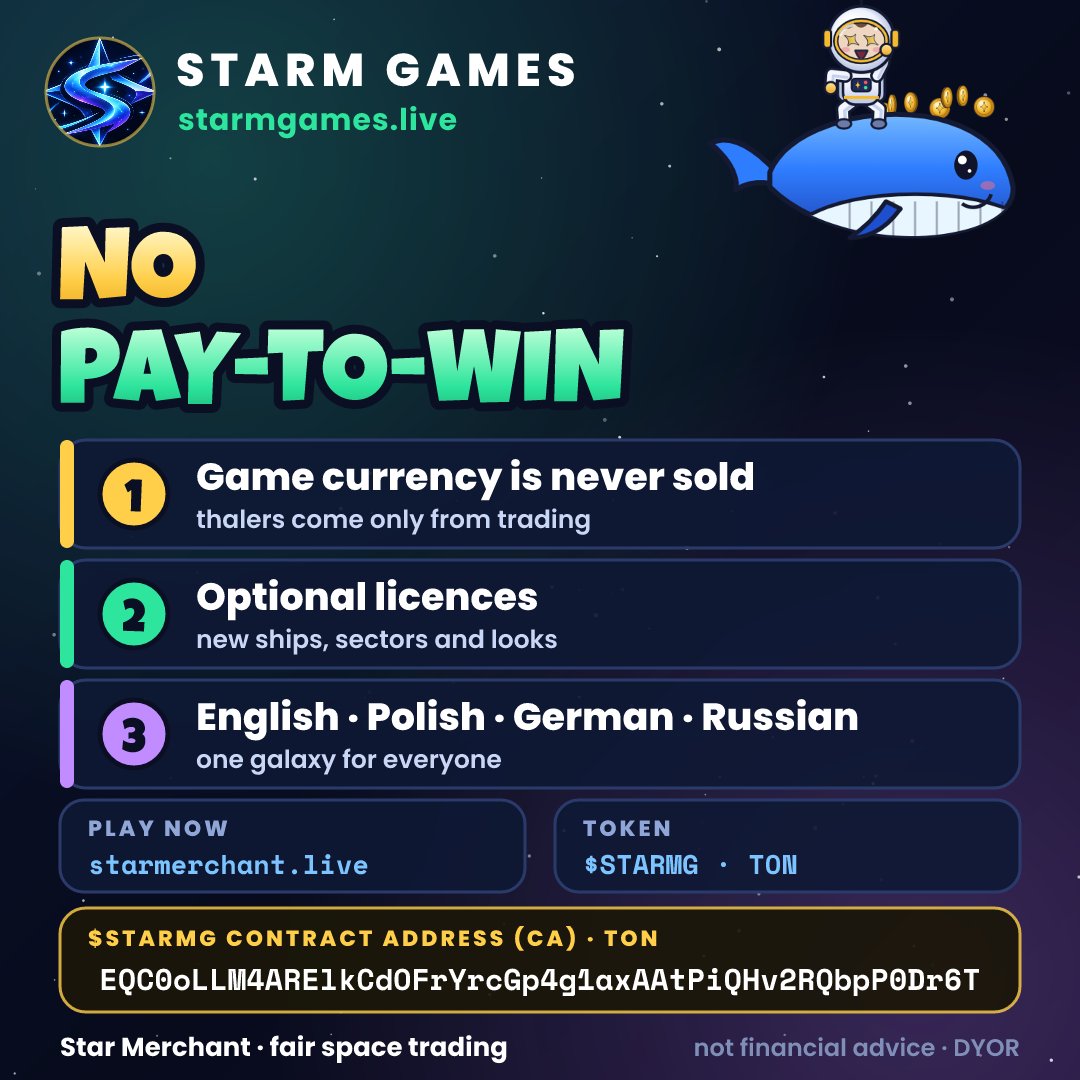 StarMerchant_Li's tweet photo. โ๏ธ In Star Merchant the in-game currency is never sold. You earn every thaler by trading โ no pay-to-win.
EN ยท PL ยท DE ยท RU
โถ https://t.co/7DrGYIzMPo
Part of STARM Games โ one token: $STARMG
#TONsociety #4X #graonline #lowcap #GRAM #gra #tradinggame #cryptogems https://t.co/1mwOzb85Ee