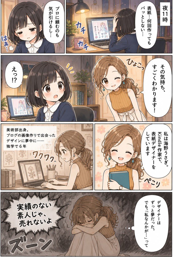 usagi_mora1225's tweet photo. カーボさんの本の特典を利用して
作ってもらった漫画が素敵すぎる！！！

今回は私がデザイナーになる
までの話とココナラのサービスを
紹介してもらいました☺️︎💕︎ https://t.co/wU6A9ubLIU