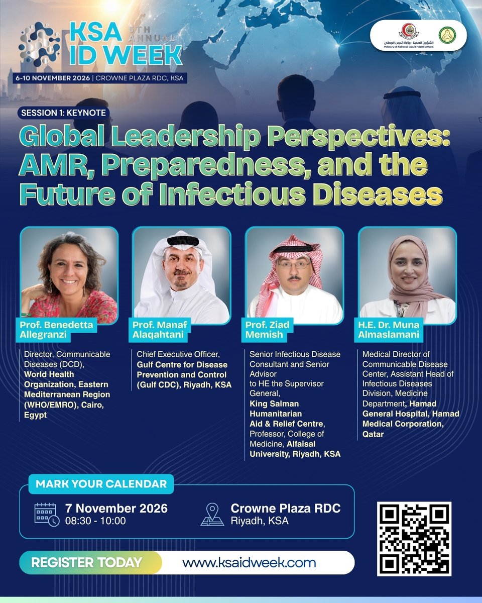 IDprofs's tweet photo. 🌍 Join us at KSA ID Week 2026. Hear from world-class experts from WHO, Gulf CDC, and more.
📅 6–10 Nov 2026 | Riyadh
🔗 Register now: https://t.co/lE7NvY6ltJ
#KSAIDWeek2026 #InfectiousDiseases #IDWeek #Healthcare #MedicalEducation https://t.co/fUvNXbzcpI