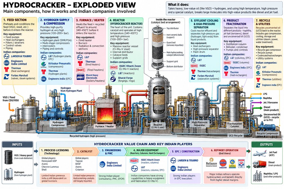 mohitjariwala25's tweet photo. THE NEXT REFINING BOTTLENECK ISN’T CRUDE. IT’S THE #HYDROCRACKER.

The world is facing a diesel supply squeeze, not simply an oil shortage. Middle East and Russian diesel exports have fallen sharply, while refineries outside the affected regions are already running close to their practical limits. Diesel cracks have therefore surged because the world needs more refined diesel, but cannot quickly add the capacity required to produce it.

This is where the hydrocracker becomes important. A hydrocracker takes heavy, low-value oil such as VGO and, using hydrogen, catalysts, high temperature and very high pressure, converts it into higher-value products such as diesel and jet fuel. In simple words, it is the refinery machine that helps turn the “thick and cheap” part of crude into the “clean and valuable” part.

The important structural change is that existing hydrocracking capacity is becoming more valuable. Refiners cannot simply build new hydrocrackers to capture today's diesel margins because these are complex projects involving process licensing, detailed engineering, giant high-pressure reactors, compressors, construction and commissioning. The guide estimates a 2–5+ year timeline for new hydrocracker and residue-upgrader projects.

That creates a fascinating value chain: raw materials → process licensor → catalyst → engineering/PMC → heavy equipment and reactors → EPC → refinery operator → aftermarket → diesel/jet markets. The shortage therefore does not benefit just the refiner. It can gradually move upstream into engineering, heavy fabrication, catalysts and project execution as refiners respond with debottlenecking, catalyst changes and new conversion projects.

For investors, the most important distinction is cyclical value vs structural value. Refiners such as #Reliance, #IOC, #BPCL, #HPCL, #MRPL and #CPCL can make very large profits when diesel cracks are high, but their earnings remain exposed to refining cycles, government policy and product pricing. The guide therefore classifies refiners as largely cyclical.

The more interesting “quality” part of the chain sits with technology #licensors and #catalystsuppliers. Their products are mission-critical but represent a relatively small portion of the refinery's economics. A refiner may hesitate to experiment with an unproven catalyst or process design because a poor result can destroy far more value than the catalyst itself costs. That creates high switching costs and repeat business.

India's position is particularly interesting. We are strong in the middle of the value chain. #EngineersIndia has experience across refinery engineering, PMC/EPCM and related technologies. #LT is a major player in heavy hydrocracker reactors, EPC and heavy forgings. #ISGEC Hitachi Zosen has the capability to manufacture specialised Cr-Mo-V reactors, while #KirloskarPneumatic has relevant high-pressure gas-compression capabilities, although the specific hydrocracker link is less directly verified.

The biggest strategic gap is at the top of the value chain. India has world-class engineering, fabrication and refinery operating capabilities, but hydrocracking process licensing and catalyst technology are still dominated largely by global players such as #Chevron Lummus Global, #Axens, #Honeywell UOP, #Shell and #Topsoe. Indigenous efforts exist, but hydrocracking itself remains an area where India is still developing deeper capability.

The investment takeaway: a diesel shortage first creates an earnings windfall for refiners. If the shortage persists, it can trigger higher refinery utilisation → catalyst optimisation → debottlenecking → hydrogen expansion → new hydrocracker/residue-upgrader projects → demand for heavy reactors, engineering and EPC. The first-order beneficiary may be the refiner, but the more durable value can migrate toward the bottlenecks behind the refinery. That is the structural change I would watch most closely.