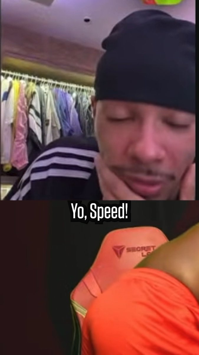 A crying man wearing a black beanie appears emotional in the top frame, with a caption reading "Yo, Speed!" as someone in an orange "Secretlab" chair addresses him in an American accent, capturing a humorous emotional moment directed at the streamer Speed.