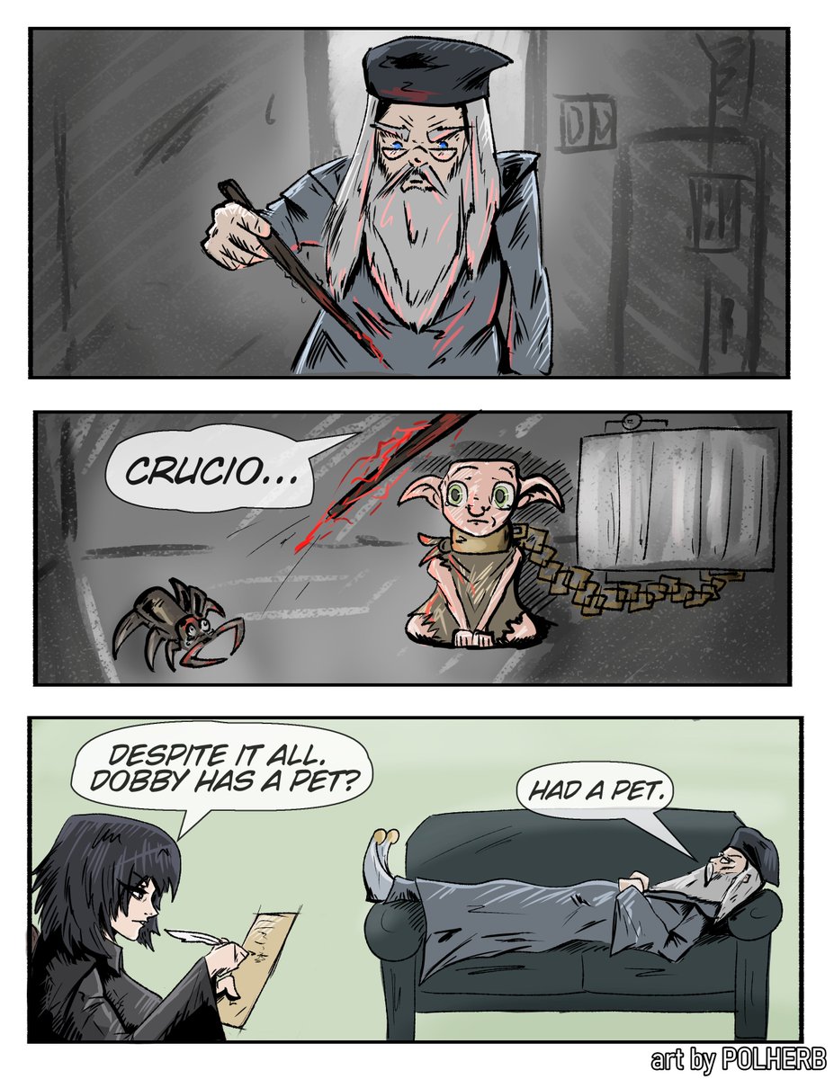 POLACKdyn's tweet photo. Dobby and Dumbledore subplot. 
"Pet."

I had to. Needed a short break from Malfoid and Inktober. https://t.co/3NPzxufn2Z