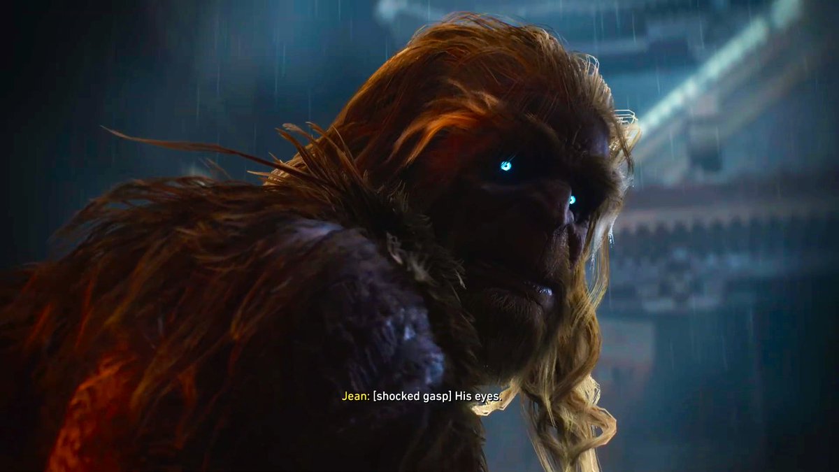 A cinematic close-up of a beast-like character with shaggy reddish-blonde hair and glowing blue eyes in the rain, with subtitles reading 'Jean: [shocked gasp] His eyes.'