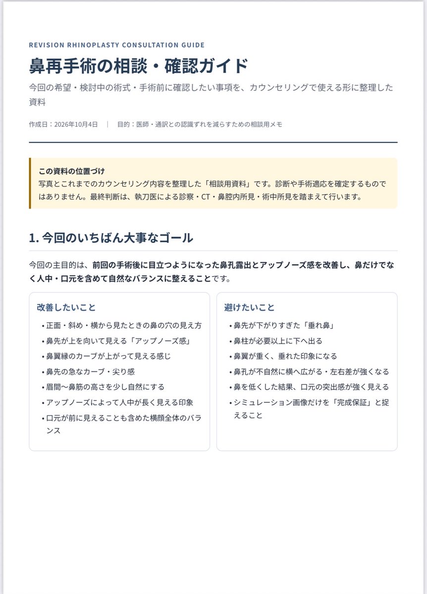鼻整形3回目という事で、かなりナイーブになっていたんだけど、彼氏に相談したらどうしたら理想通りの鼻になるかAI駆使して朝方まで考えてくれて愛を感じた。注意事項、確認事項、オーダーの伝え方、AIとひたすら壁打ちして最強の資料作った。後日プロンプト公開するからぜひ活用して欲しい！！！(一部)