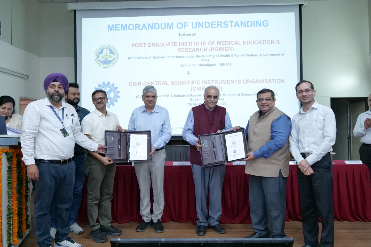 CSIR_CSIO's tweet photo. CSIR-CSIO signed an MoU with PGIMER, Chandigarh, to promote joint research and development in healthcare and medical sciences, strengthening academia–research collaboration and advancing translational healthcare innovations.
@CSIR_IND @dgcsirIndia https://t.co/j9qSD7q82E