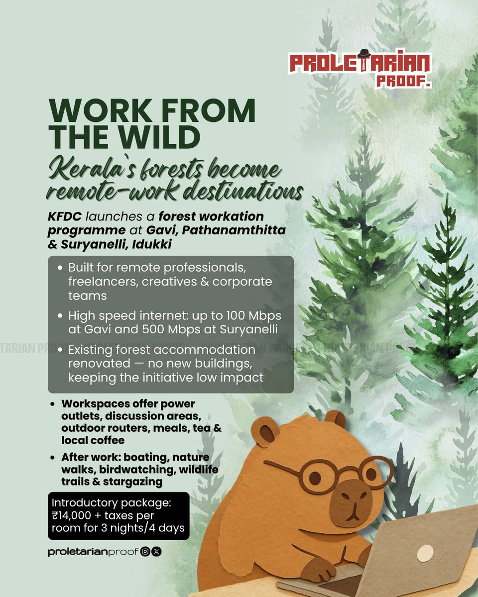 thepropruf's tweet photo. 🌲💻 Kerala’s Forests Go Remote.

KFDC launches workation hubs at Gavi &amp; Suryanelli, bringing high-speed internet, workspaces and nature together. 🌿

#Kerala #Gavi #Suryanelli #KFDC #Workation #RemoteWork https://t.co/u5JEKFLhYI