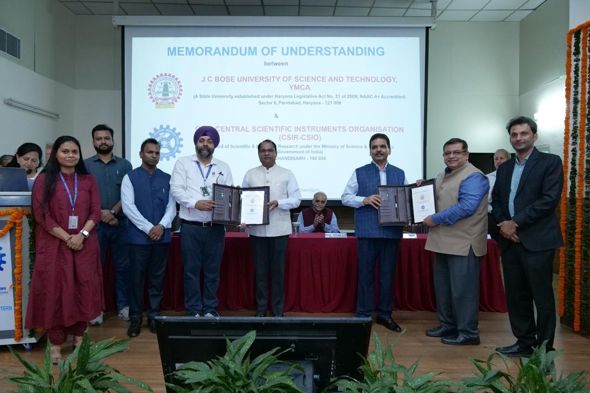 CSIR_CSIO's tweet photo. CSIR-CSIO signed an MoU with J.C. Bose University of Science and Technology, Faridabad, to promote joint teaching, research, innovation and skill development, strengthening academia–research collaboration and nurturing future-ready talent.
@CSIR_IND @dgcsirIndia https://t.co/icoP9qcEuG