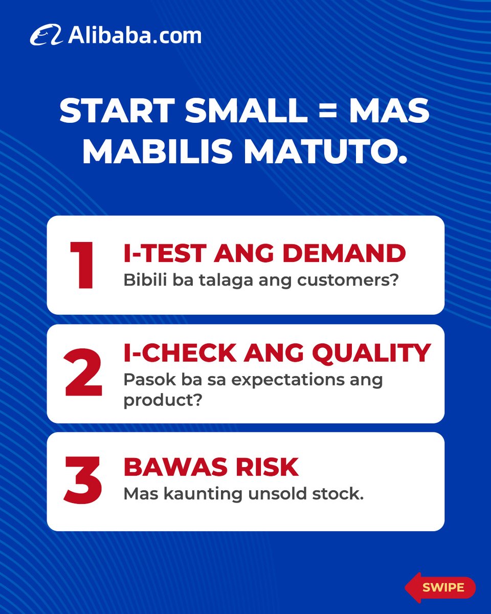 AlibabaSEA_'s tweet photo. Your first order doesn’t have to be big. Test the demand, quality, and product first before scaling.

💡 Start small. Test. Learn. Then scale with confidence on https://t.co/Jam8Djxqqa.

#AlibabaCom #SmartSourcing #BusinessGrowth #SourcingTips https://t.co/IEUkePr7ac