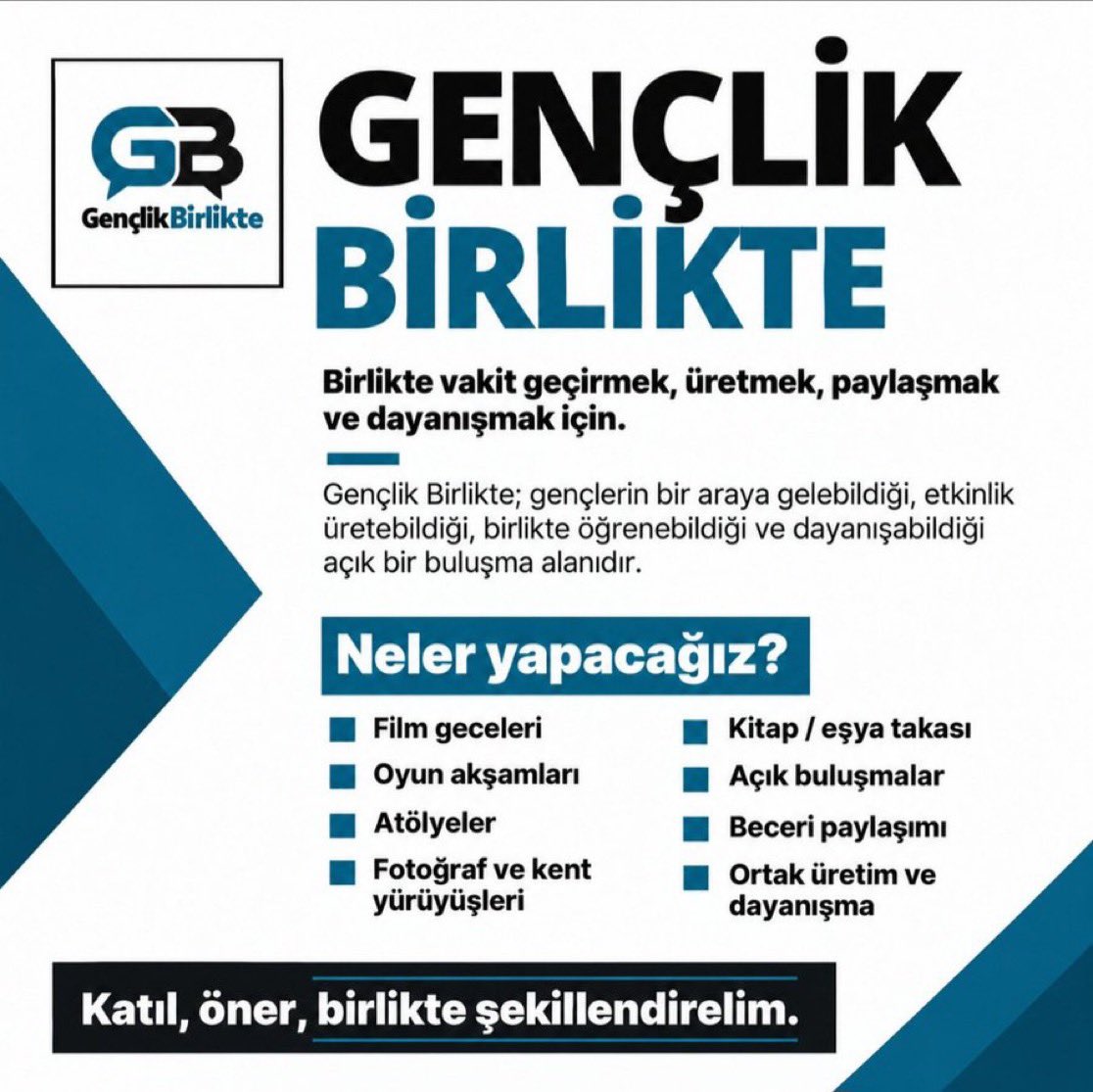 gencbirlikte's tweet photo. Gençliğin dayanışması başlıyor: Gençlik Birlikte.

Film gecelerinden atölyelere, oyun akşamlarından kent yürüyüşlerine; birlikte vakit geçirmek, üretmek ve dayanışmak için açık bir gençlik alanı kuruyoruz.

Katıl, öner, birlikte şekillendirelim.

https://t.co/8DX9EyyzRZ https://t.co/VgKEWpjtQ3
