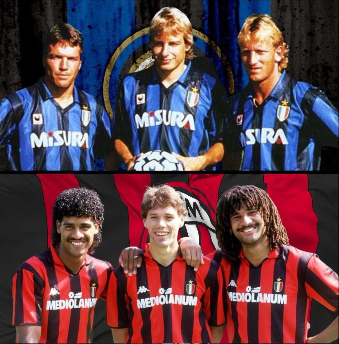FTBLsection's tweet photo. Inter Milan's German trio and AC Milan's Dutch trio at the end of the 1980s. https://t.co/MgSBgMQy2A