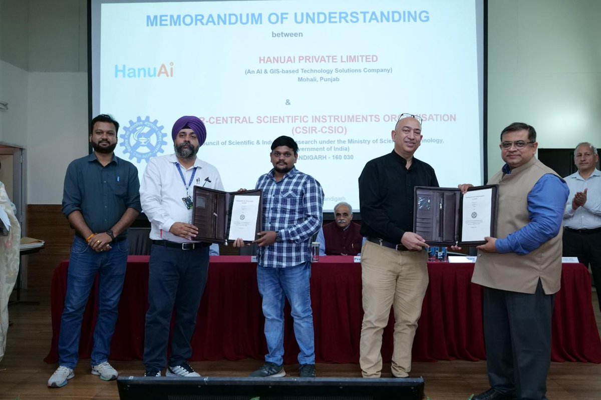 CSIR_CSIO's tweet photo. CSIR-CSIO signed an MoU with HanuAI Pvt. Ltd., Mohali, to foster joint R&amp;D in AI/ML, computer vision, GIS, geospatial analytics and intelligent data processing, advancing collaborative innovation in emerging digital technologies.
@CSIR_IND @dgcsirIndia https://t.co/irLNa34Wbc