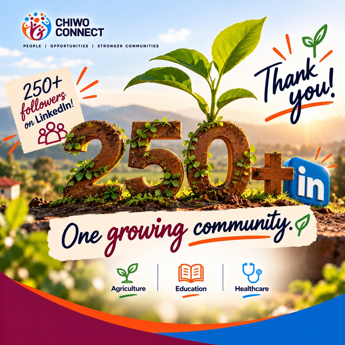chiwoconnect's tweet photo. 250+ people. One growing community. 🌱
We’ve crossed 250 followers on LinkedIn! 🎉
Thank you for being part of the Chiwo Connect community! 
#ChiwoConnect #CommunityDevelopment #SustainableDevelopment #CommunityLedDevelopment #Education #Healthcare #SustainableAgriculture https://t.co/zFc6Qmf2lD