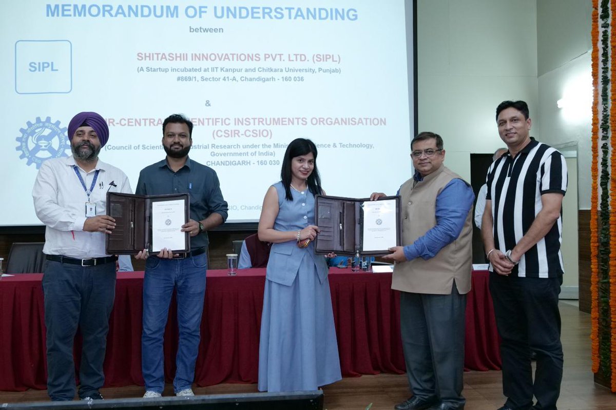CSIR_CSIO's tweet photo. CSIR-CSIO signed an MoU with Shitashii Innovations Pvt. Ltd. (SIPL), Chandigarh, to promote joint R&amp;D in medical devices, with a focus on assistive technologies, strengthening innovation for accessible and impactful healthcare solutions.
@CSIR_IND @dgcsirIndia https://t.co/Xg63nIgpA3