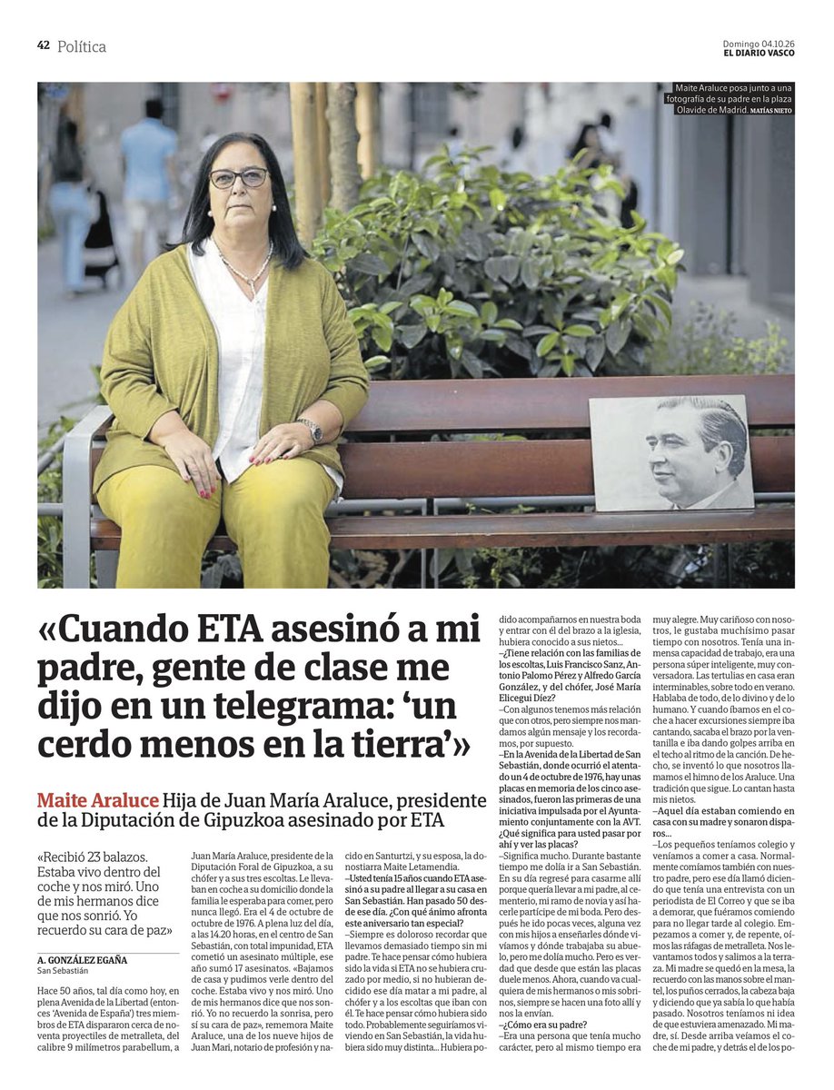 MemorialVT's tweet photo. Maite Araluce: «Cuando ETA asesinó a mi padre, gente de clase me dijo en un telegrama: 'un cerdo menos en la tierra'»

Hoy se cumplen 50 años del asesinato del presidente de la Diputación de Guipúzcoa @Gipuzkoa , su chófer y sus tres escoltas.
@arantzagonzalez hoy en @diariovasco https://t.co/R5KYFVSk23