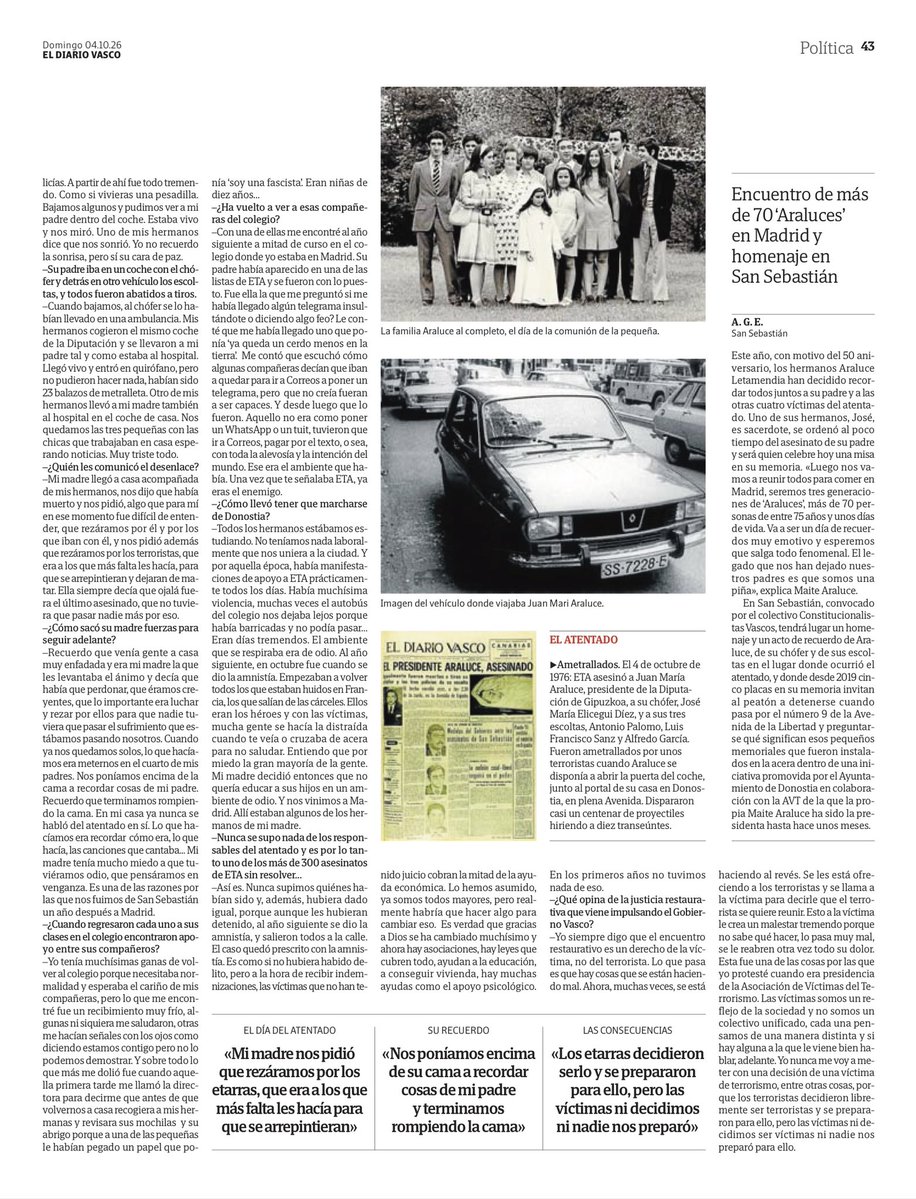 MemorialVT's tweet photo. Maite Araluce: «Cuando ETA asesinó a mi padre, gente de clase me dijo en un telegrama: 'un cerdo menos en la tierra'»

Hoy se cumplen 50 años del asesinato del presidente de la Diputación de Guipúzcoa @Gipuzkoa , su chófer y sus tres escoltas.
@arantzagonzalez hoy en @diariovasco https://t.co/R5KYFVSk23