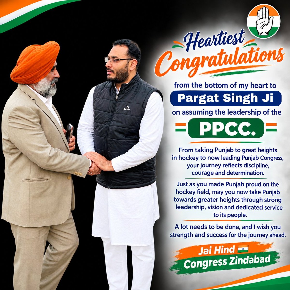 DrAchhar's tweet photo. Heartiest congratulations to @PargatSOfficial Ji on assuming the leadership of PPCC.

From making Punjab proud on the hockey field to leading Punjab Congress, your journey reflects courage, discipline and determination.

Wishing you strength and success 
Jai Hind 🇮🇳 Jai Congress https://t.co/kuSJpeiNiJ