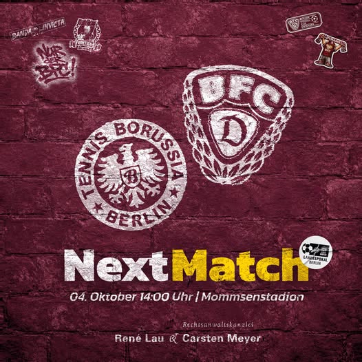 BFCDynamo's tweet photo. Berliner Landespokal: Um 14:00 Uhr gastiert unser #BFCDynamo im Mommsenstadion bei @tennisborussia. Tickets gibt es an der Tageskasse. Zugang über die Waldschulallee. #tebeBFC https://t.co/eDVPTns9b3