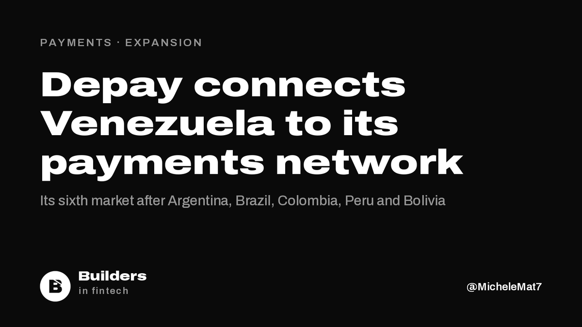 buildersfintech's tweet photo. Argentina's Depay is connecting Venezuela to its real-time payments network, its sixth market after Argentina, Brazil, Colombia, Peru and Bolivia.

Banks and wallets on the network can send QR payments into Venezuela with one integration.

Depay raised a $4M seed this year. https://t.co/ig9UzS9TUz