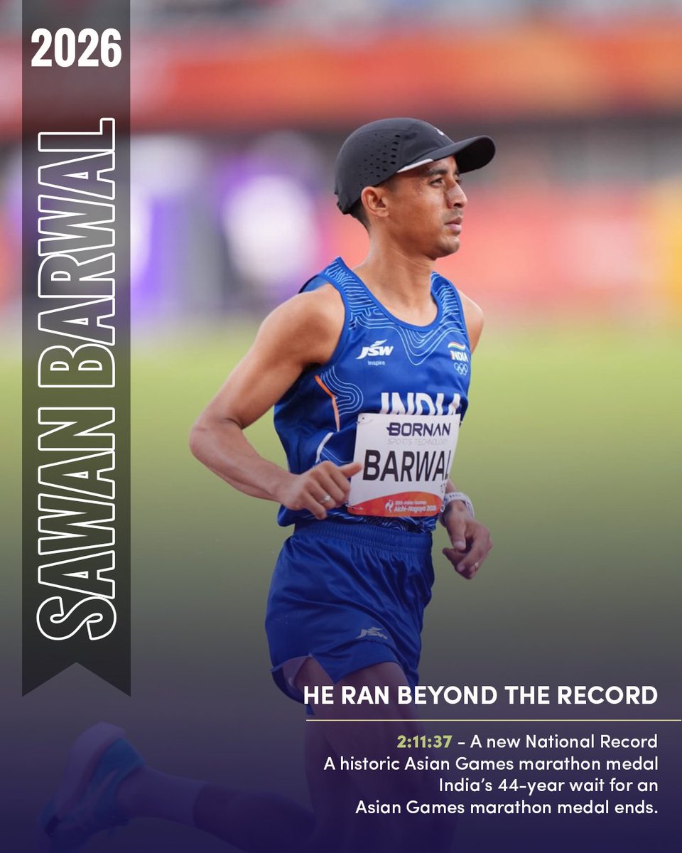 DoT_India's tweet photo. Sawan Barwal delivered a historic performance at the Asian Games, clocking 2:11:37 to set a new National Record and win the marathon silver medal. His achievement ends India’s 44-year wait for an Asian Games marathon medal.
#BharatSetsNewRecords #DoT
@JM_Scindia @PemmasaniOnX @PIB_India @pib_comm @DDNewslive