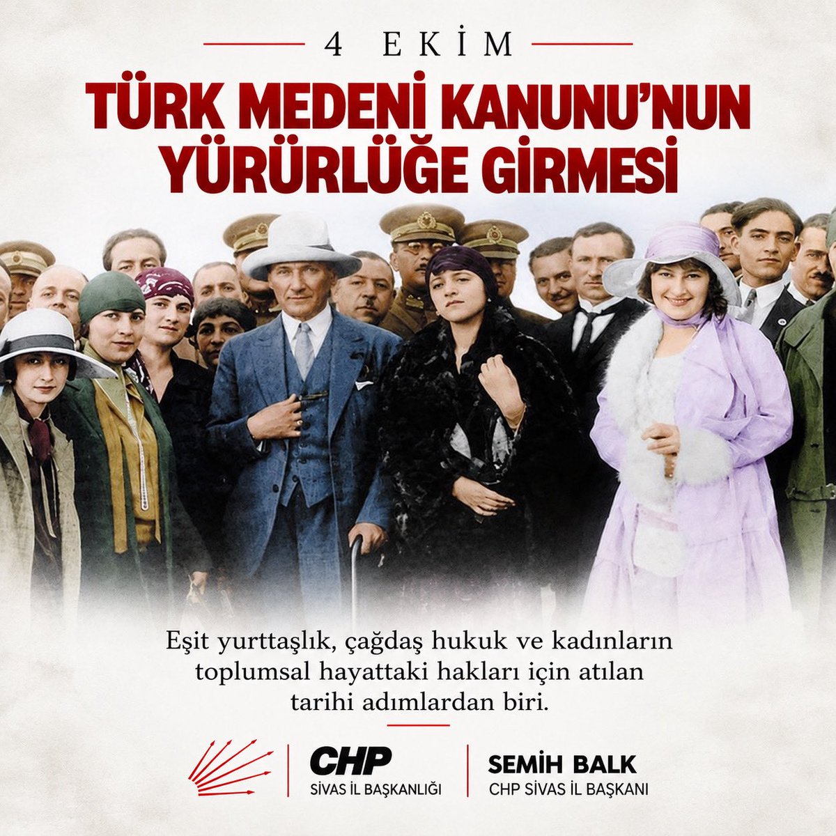 chpsivasil_'s tweet photo. 4 Ekim 1926’da Türk Medeni Kanunu yürürlüğe girdi.

Cumhuriyetimizin hukuk devrimlerinin en önemli adımlarından biri olan Türk Medeni Kanunu; eşit yurttaşlık, çağdaş hukuk ve kadınların toplumsal hayattaki hakları açısından tarihi bir dönüm noktası oldu.

#4Ekim #CHP https://t.co/WHdieavgo8