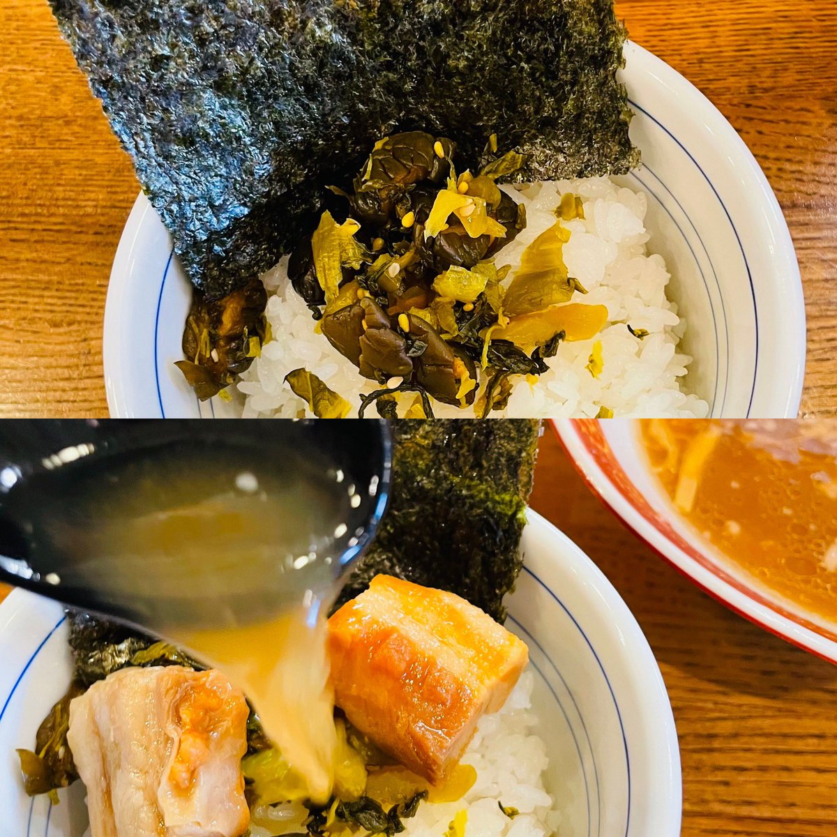 bloomramen's tweet photo. 㐂九家 さん　にて
「THE 中華そば｣+｢ライス (漬物 海苔付き)
スープと麺は“ちゃん系”オマージュだろうか
豚鶏あっさりコク+脂 中太麺
多分 皆んな知ってる😆 そういう味‼︎
九条ネギ穂先メンマ角煮と 具も楽しむ
並行食の作法?をさておき 麺後にスープでわしゃわしゃ

2026年百四十四杯目 10/4限定 https://t.co/uqWV1RzOWA