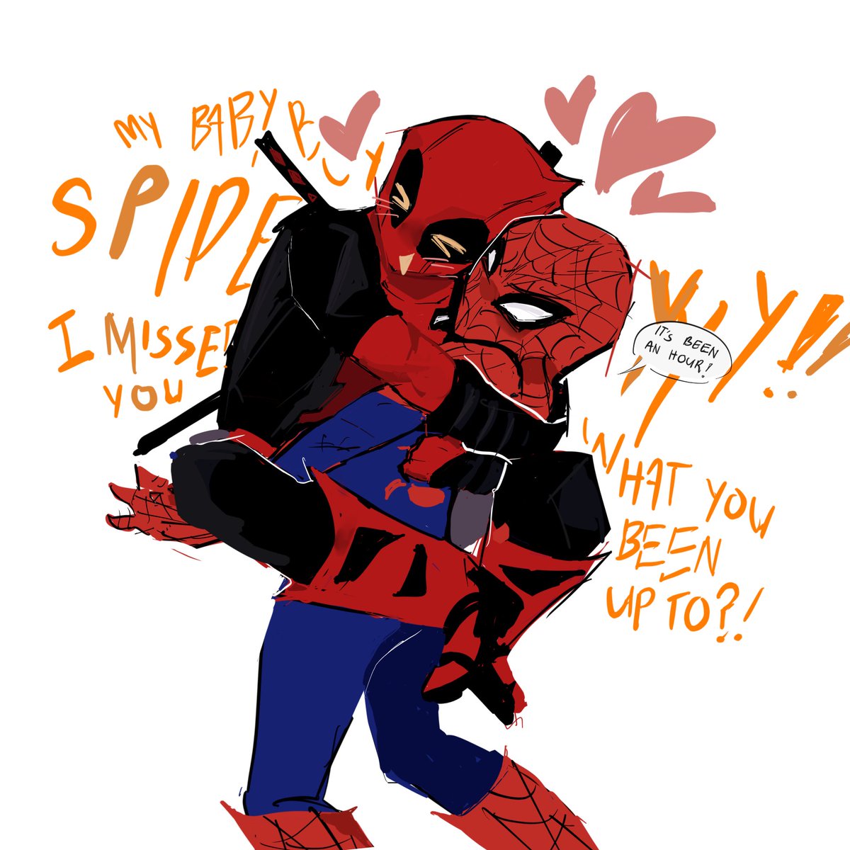 suoruu's tweet photo. CLINGY SO CLINGY HE CANT LIVE A SECOND #spideypool https://t.co/oSXr0W1Aqv