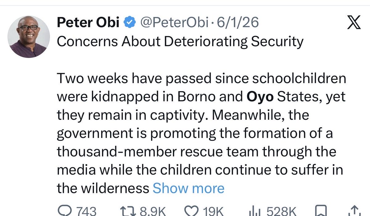 Adunnishadollar's tweet photo. Peter Obi, the hypocrite, strikes again.

After 3 days, he posted about the NYSC abduction.

He carefully avoided mentioning the kidnapping location because it happened in Imo state the South East, his region.

Peter Obi cannot be trusted with power. https://t.co/CpRyEGAtLy